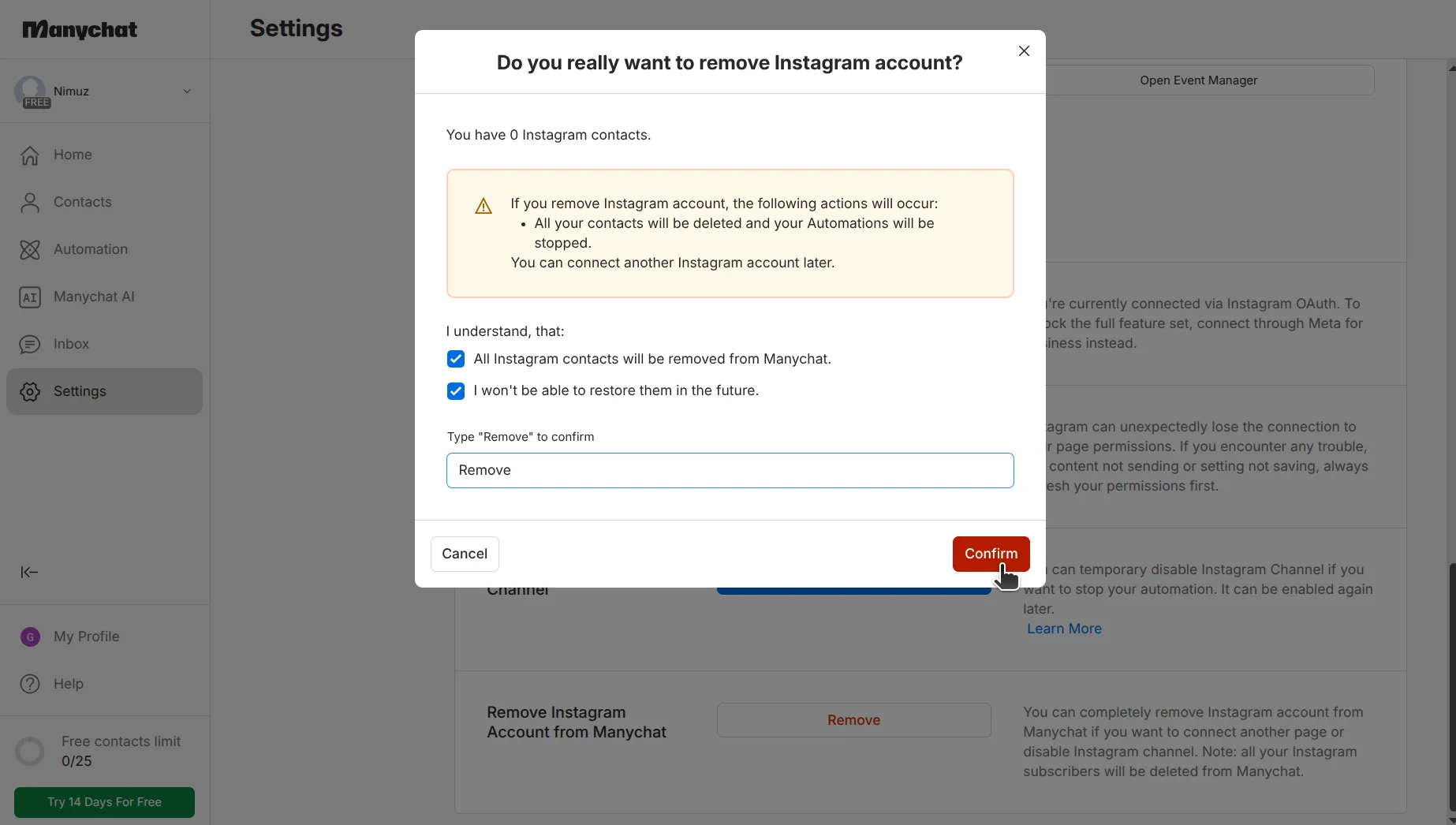 ManyChat dialog asking Do you really want to remove Instagram account, with two checkboxes and a Remove confirmation field
