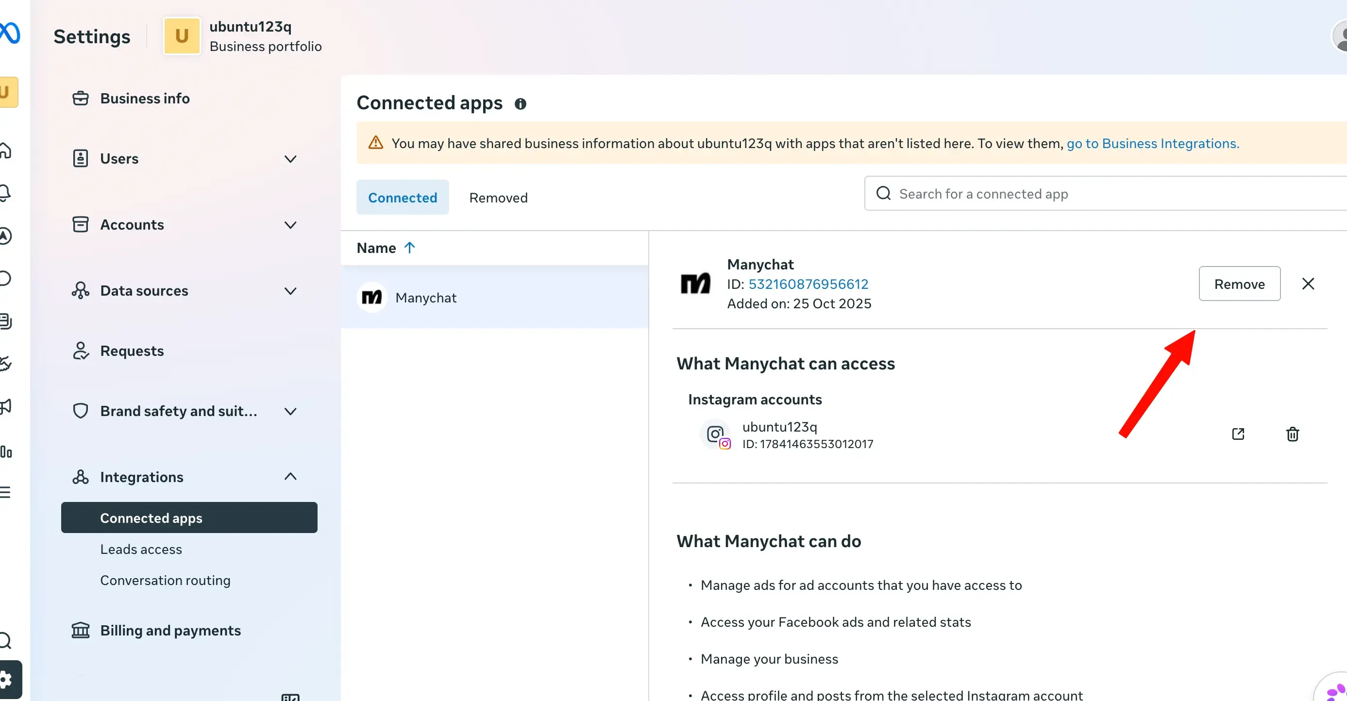 Meta Business Suite Settings showing Integrations → Connected apps with Manychat selected and the Remove button