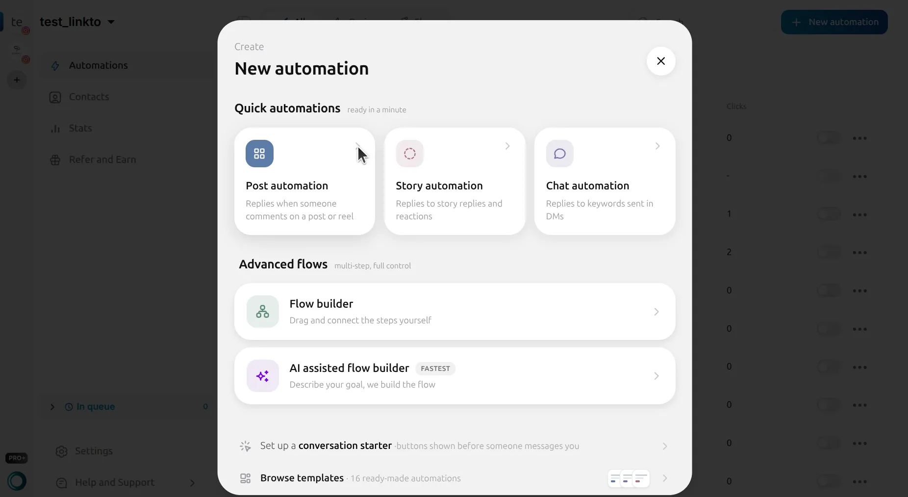 LinkToDM New automation dialog offering Post, Story and Chat automations, plus Flow builder options