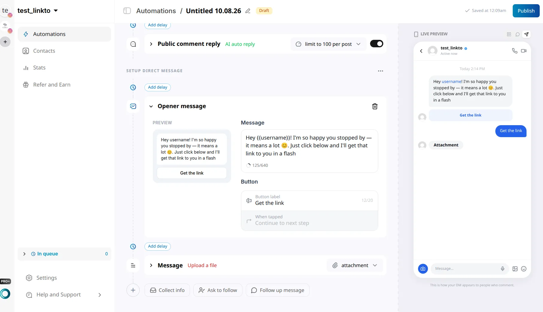 LinktoDM Opener message step with a greeting using the username placeholder, a Get the link button label, and When tapped set to Continue to next step