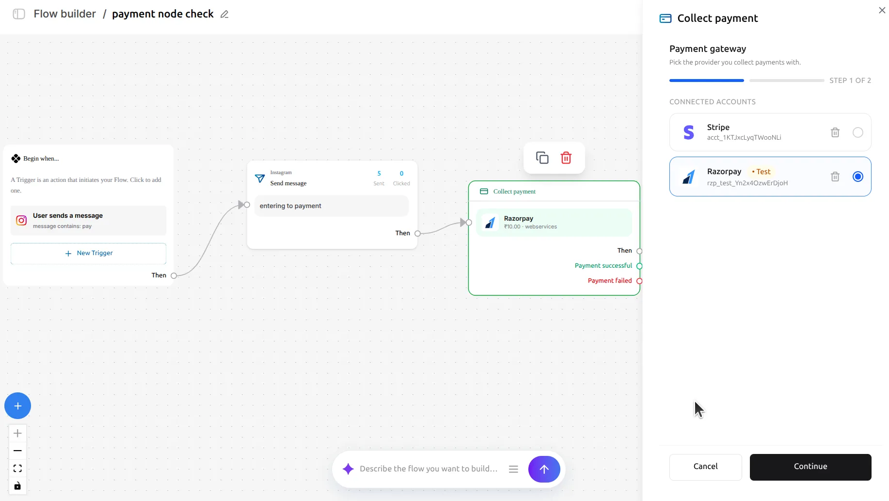 LinktoDM Collect payment panel listing connected Stripe and Razorpay accounts, with the Razorpay account selected and badged Test