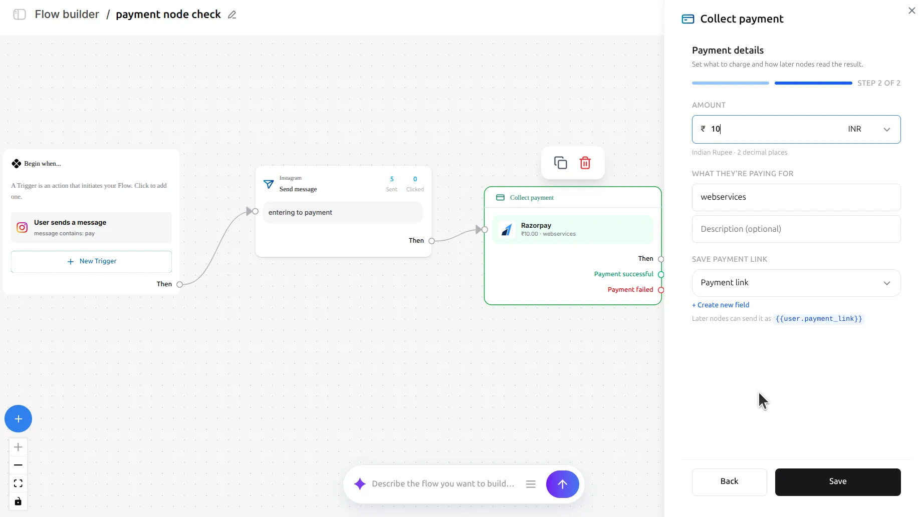 LinktoDM Payment details panel with an amount of 10 INR, a description of webservices, and the payment link saved to a Payment link field
