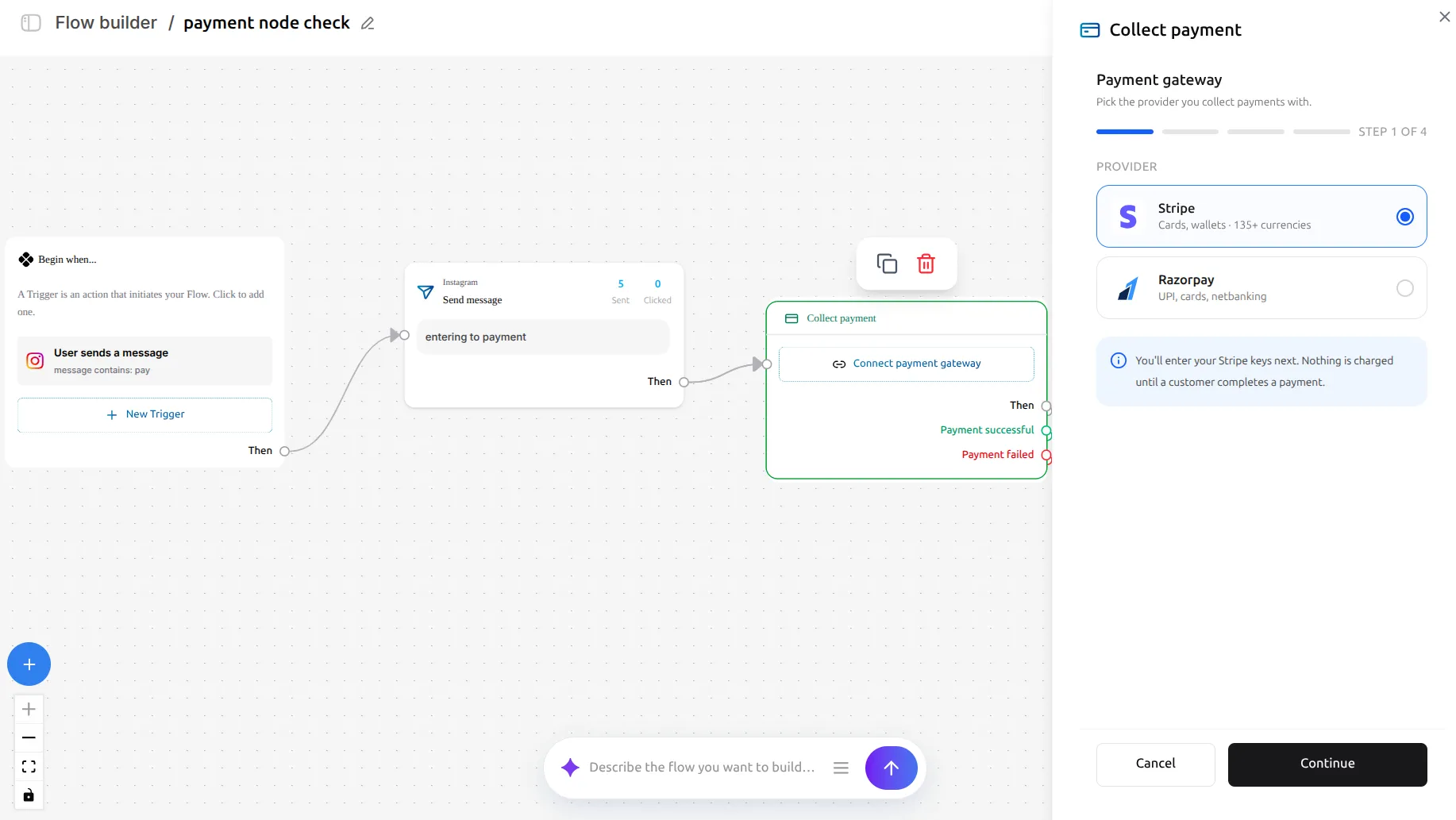LinktoDM Collect payment panel at step 1 of 4, choosing between Stripe and Razorpay as the payment provider