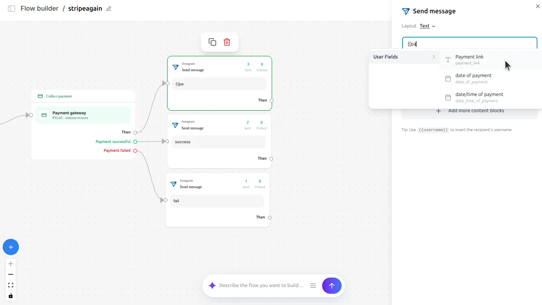 LinktoDM Send message panel with a user field picker open, listing Payment link, date of payment and date/time of payment