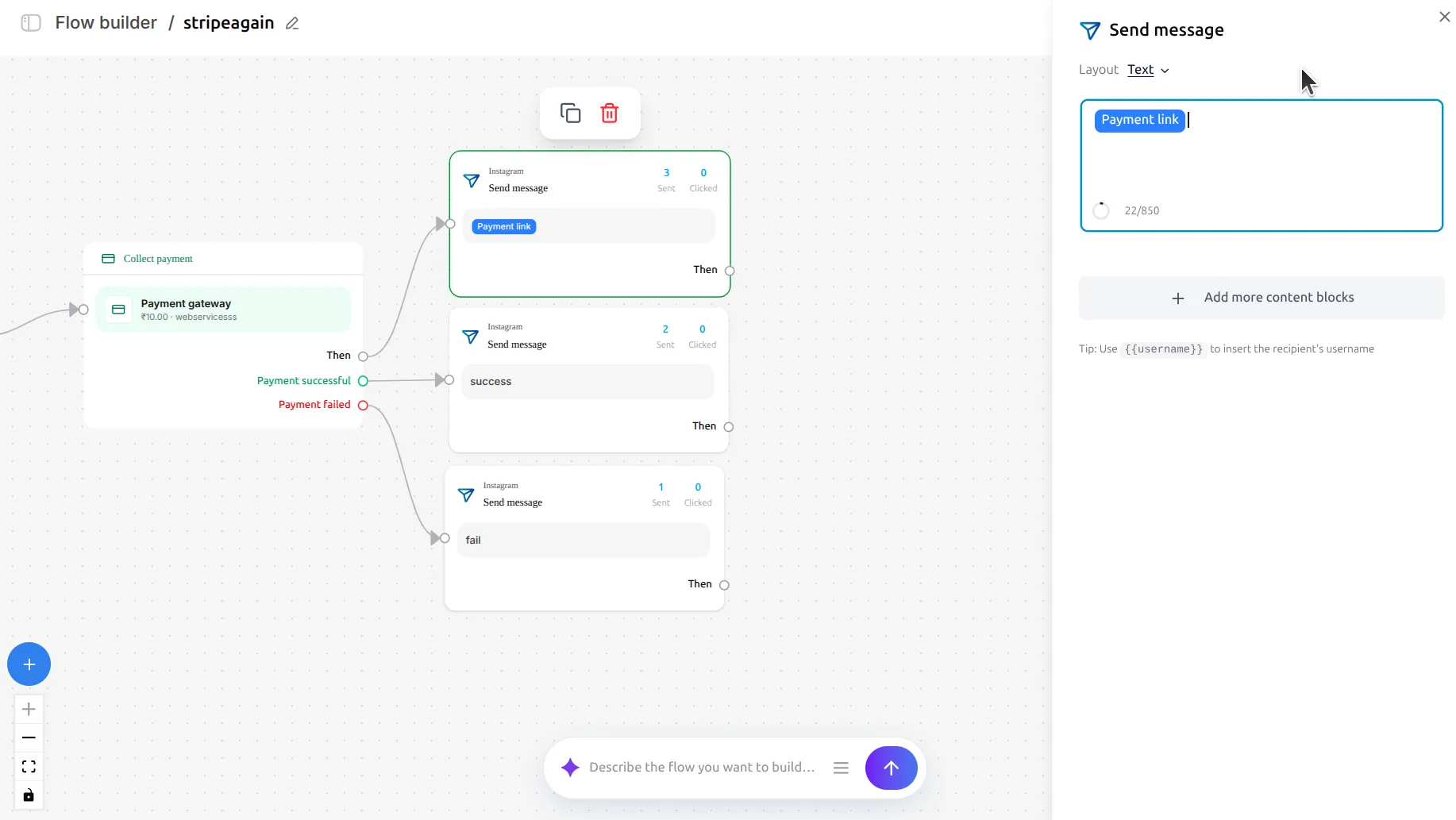 LinktoDM flow with a Collect payment node wired to three Send message nodes: the payment link on Then, a success message, and a failure message