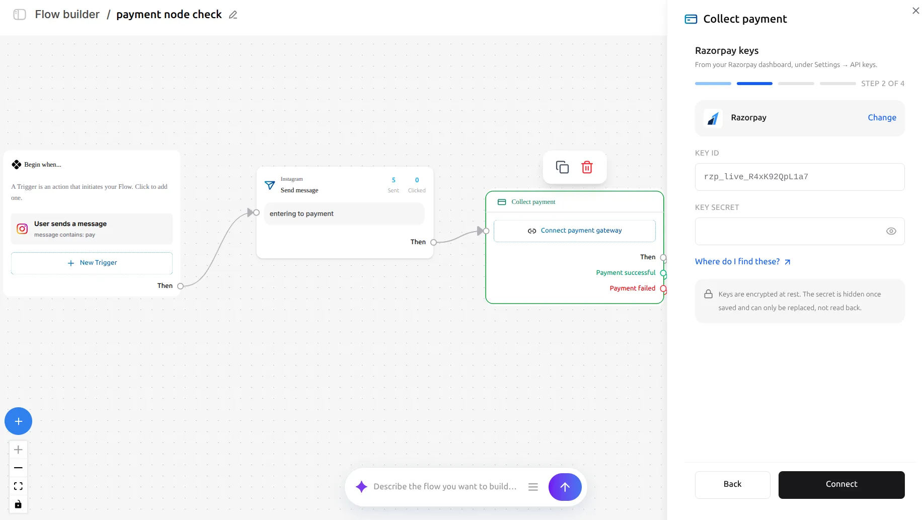 LinktoDM Collect payment panel at step 2 of 4, with a Razorpay Key ID entered and the Key secret field empty