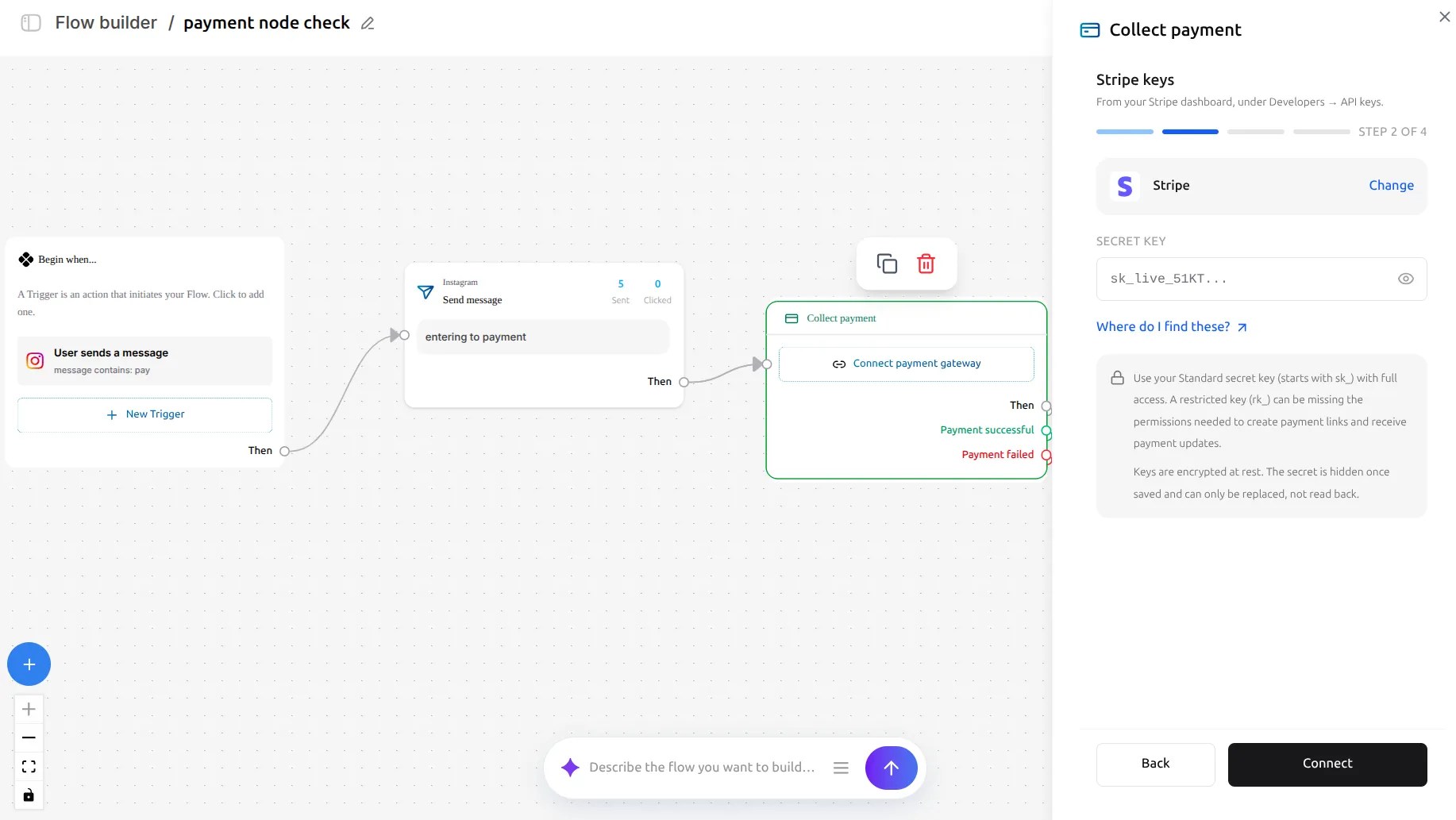 LinktoDM Collect payment panel at step 2 of 4, with a Stripe secret key entered and a note about standard versus restricted keys