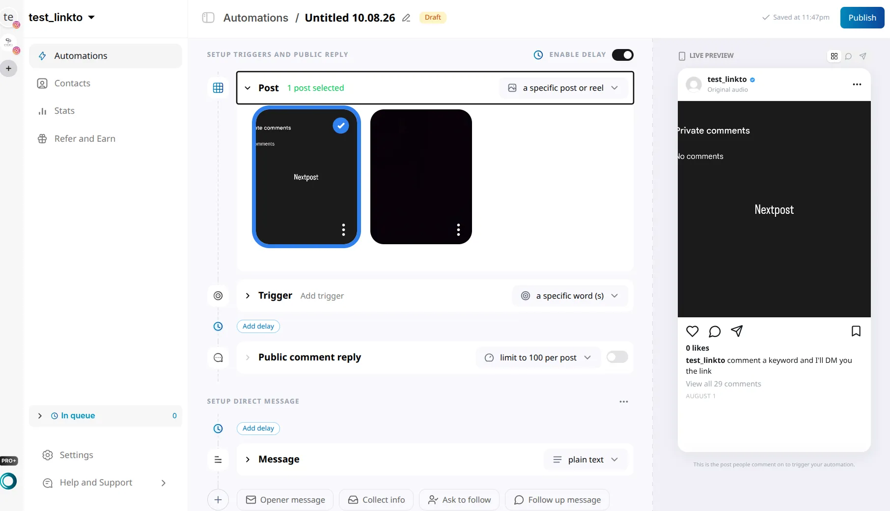 LinktoDM automation editor with the Post card expanded, a grid of published posts, and one post selected with a blue tick
