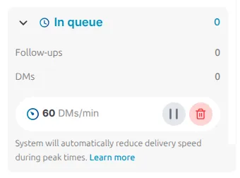 The In queue panel in the LinktoDM console sidebar, showing follow-up and DM counts, a rate of 60 DMs per minute, pause and clear buttons, and a note that delivery speed is reduced automatically during peak times