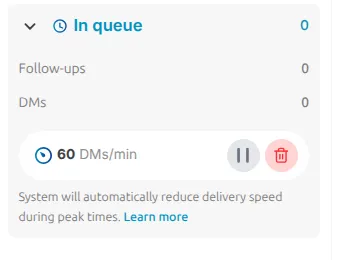 LinktoDM console sidebar showing the In queue panel expanded: Follow-ups 0, DMs 0, a rate of 60 DMs per minute, and pause and clear buttons