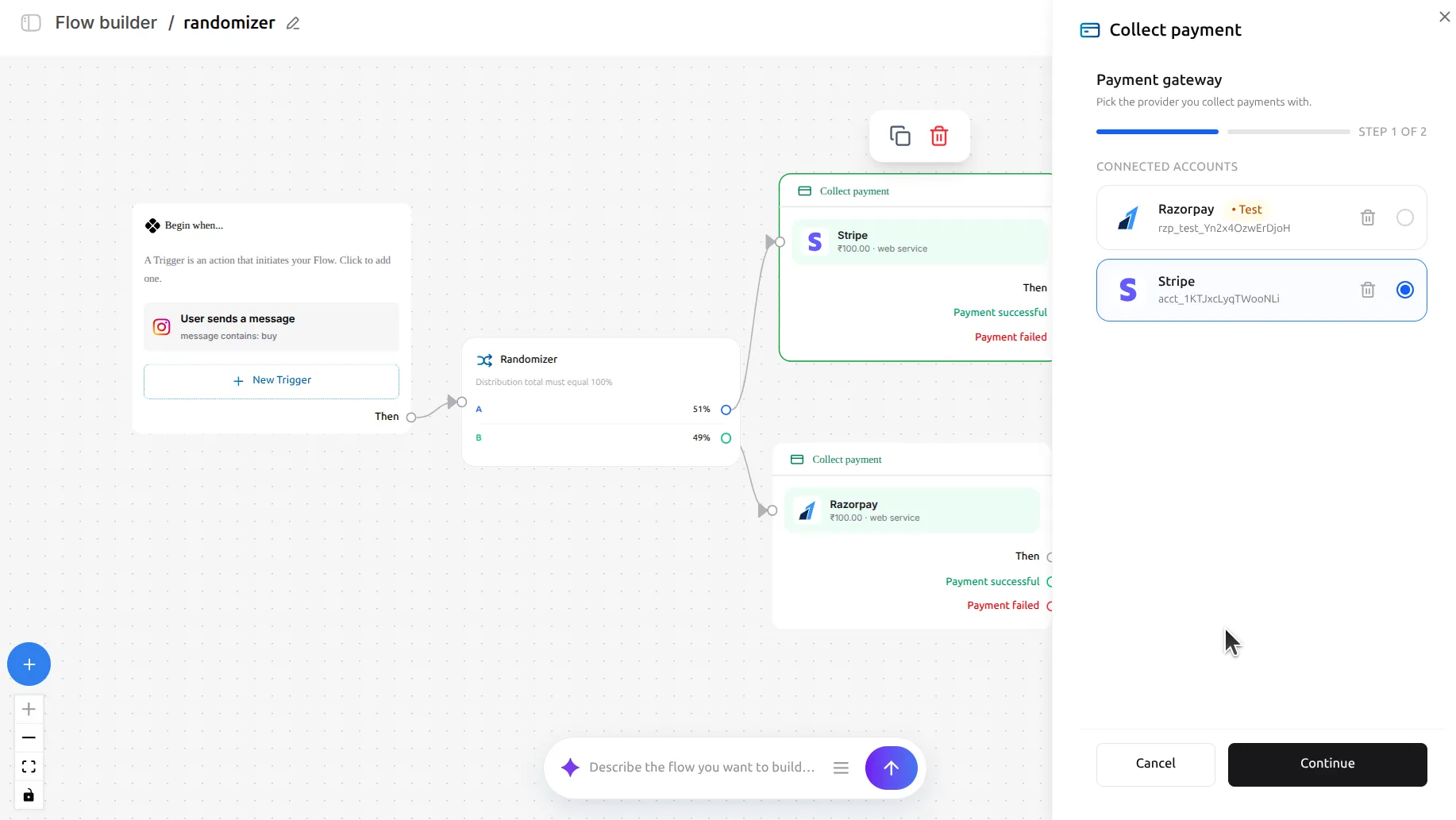 LinktoDM flow with a trigger into a Randomizer split 51 and 49 percent, path A going to a Stripe Collect payment node and path B to a Razorpay one