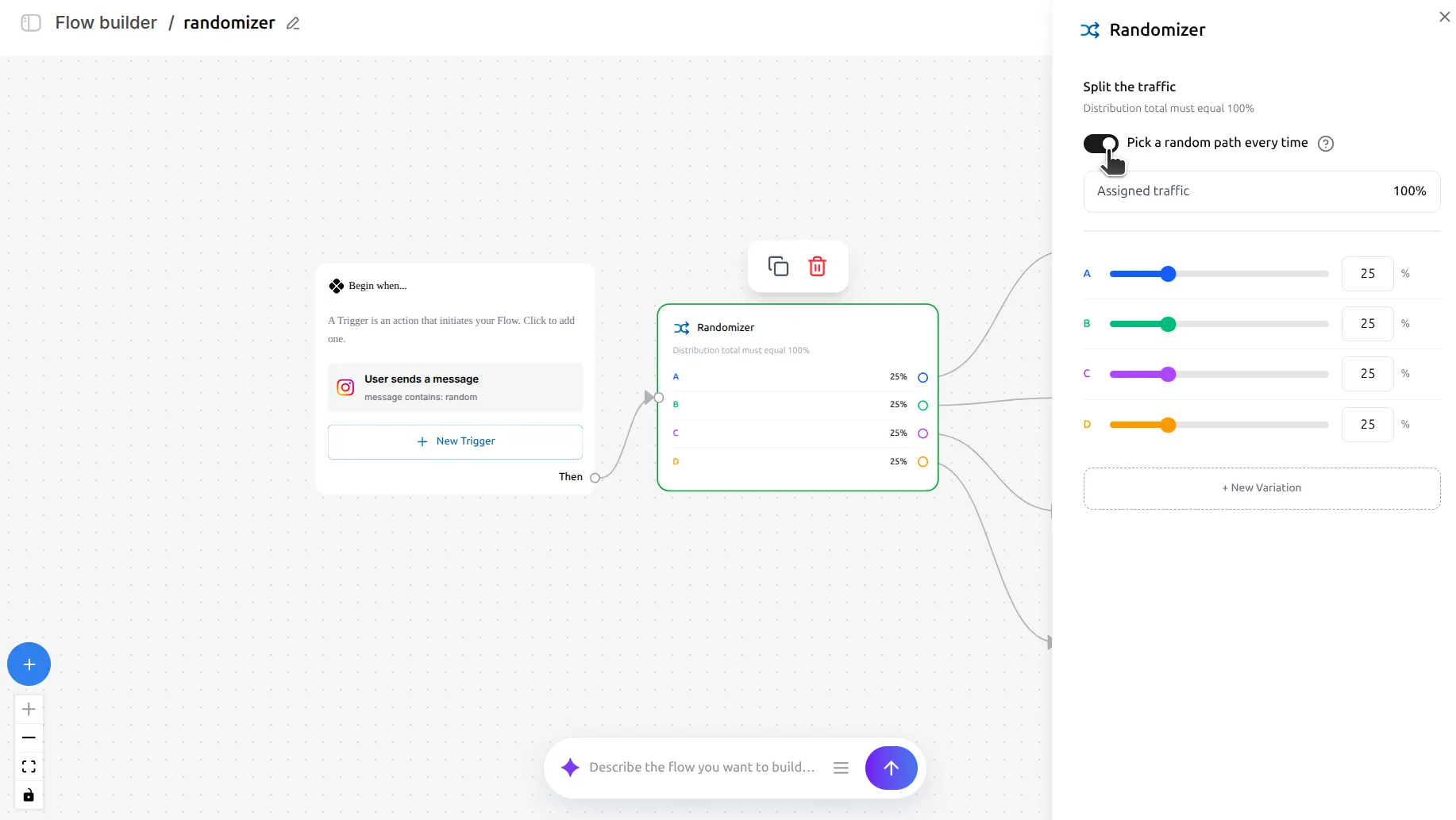 LinktoDM Randomizer panel with the Pick a random path every time toggle switched on