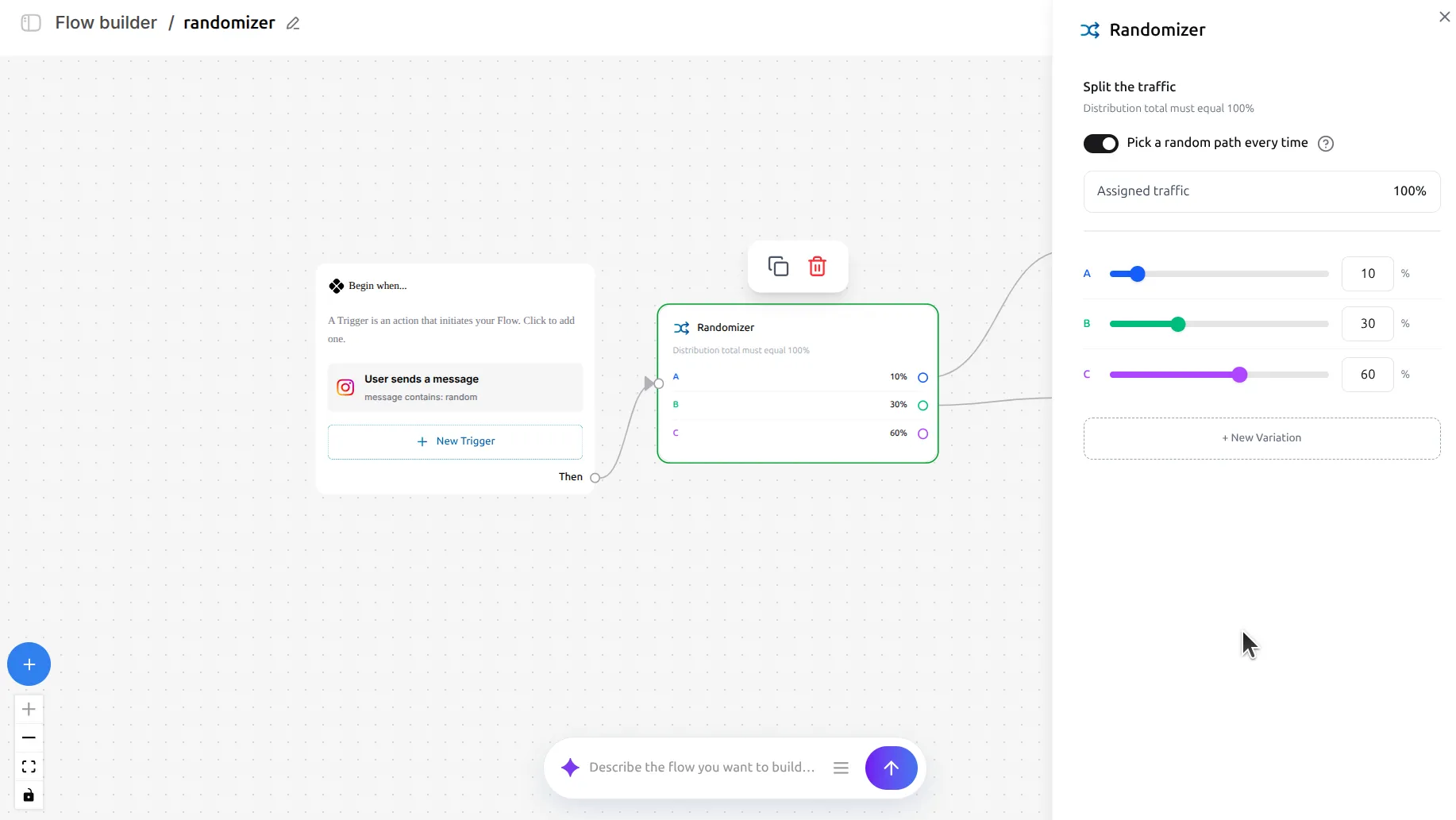 LinktoDM Randomizer panel with three variations split 10, 30 and 60 percent