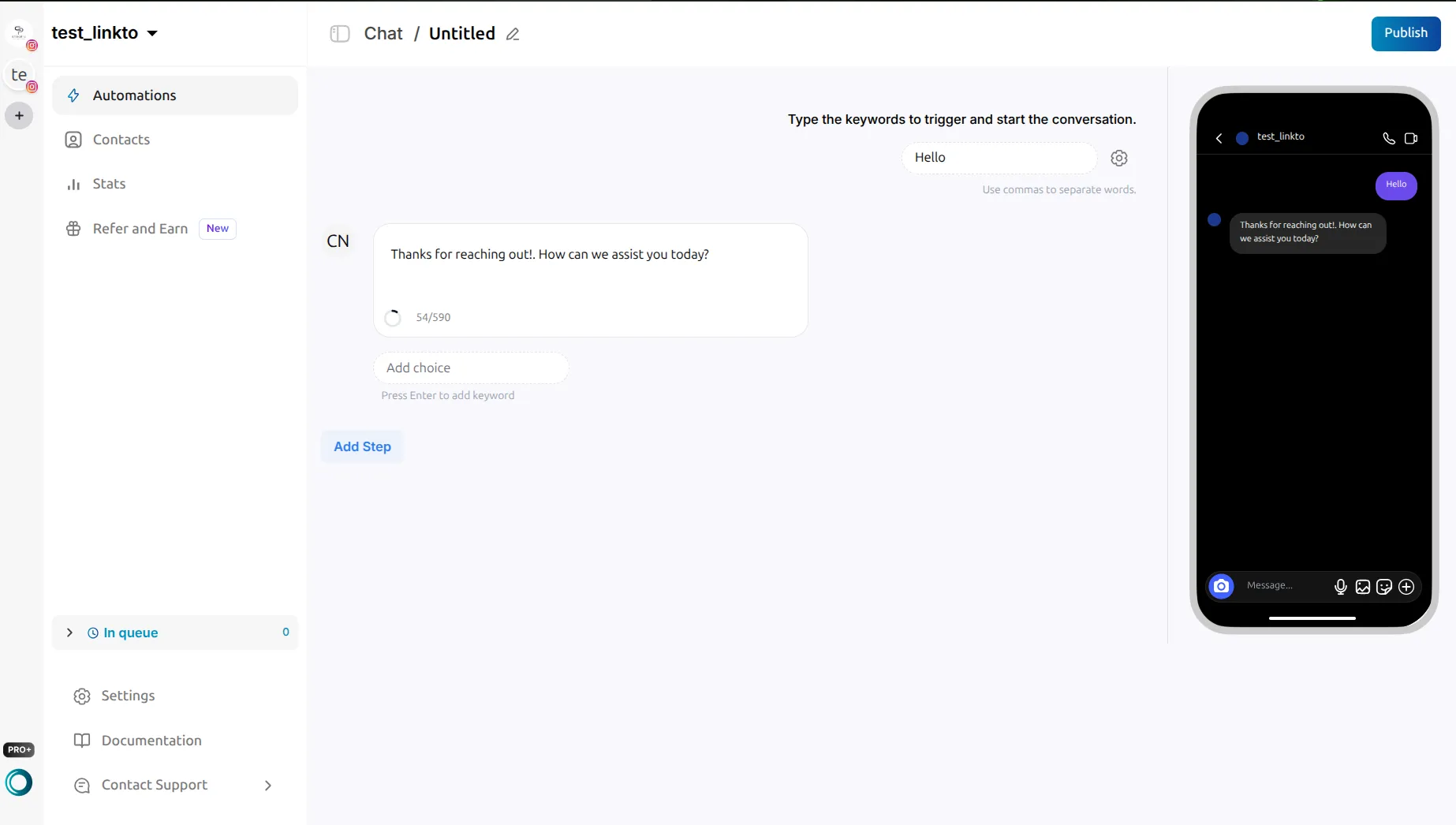 LinktoDM chat editor opened from the Respond to all your DMs template, with the trigger Hello and a single message reading 'Thanks for reaching out!. How can we assist you today?'
