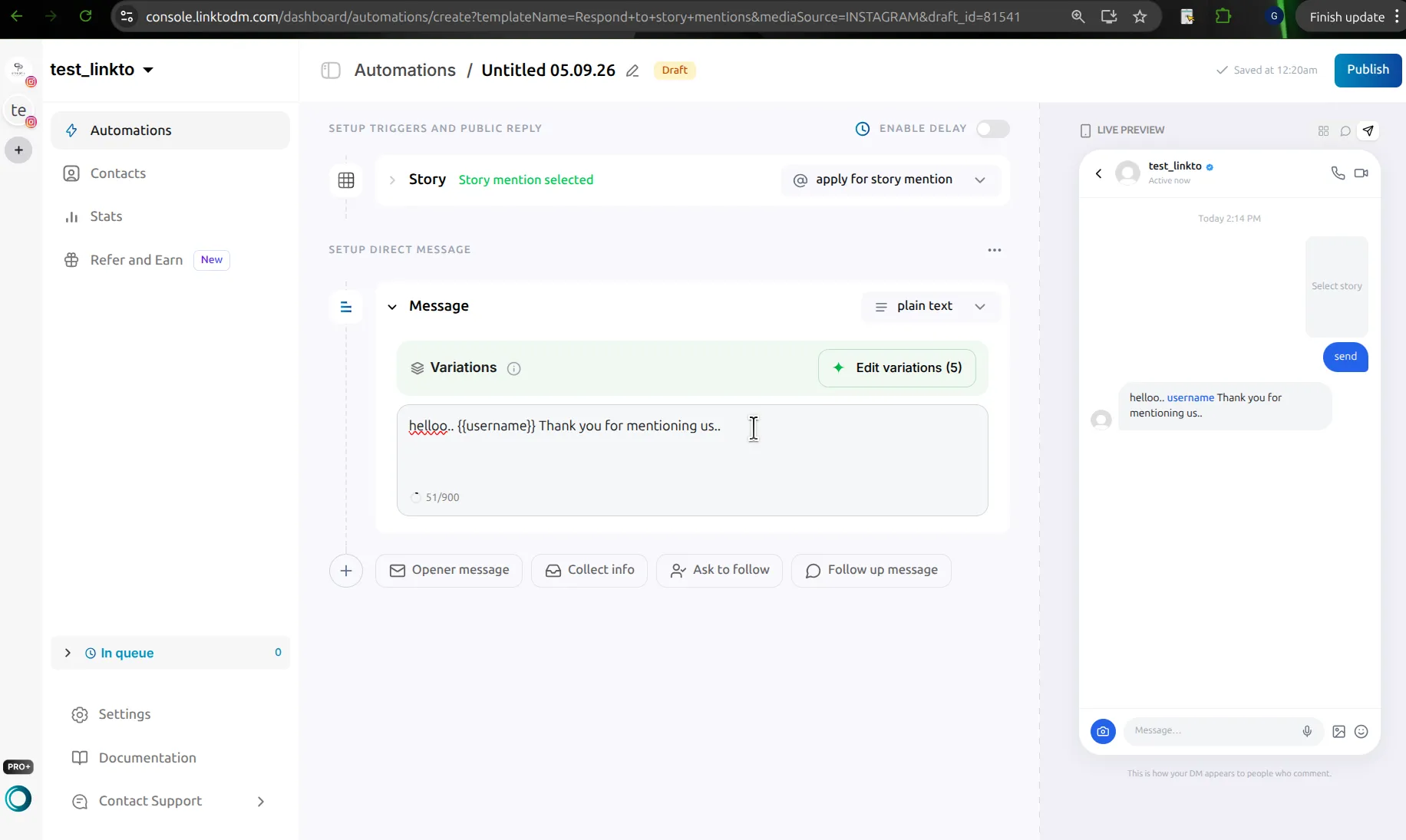 LinktoDM story automation editor opened from the Respond to story mentions template, with the Story card reading 'Story mention selected', a Message card with five variations, and the DM preview on the right