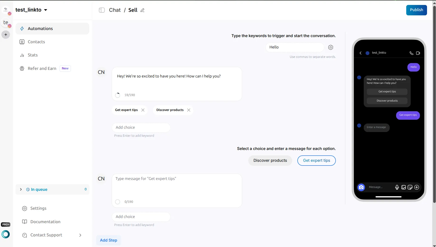 LinktoDM chat editor opened from the Sell products template, with the trigger Hello, a greeting message, choice chips for Get expert tips and Discover products, and branch tabs with an empty message box for the Get expert tips branch