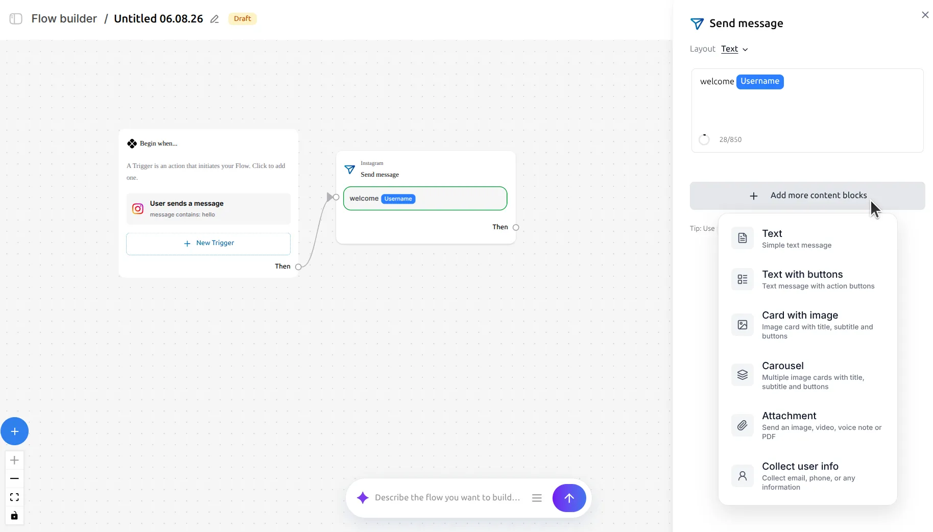 LinktoDM Send message panel with the Add more content blocks menu open, listing Text, Text with buttons, Card with image, Carousel, Attachment and Collect user info