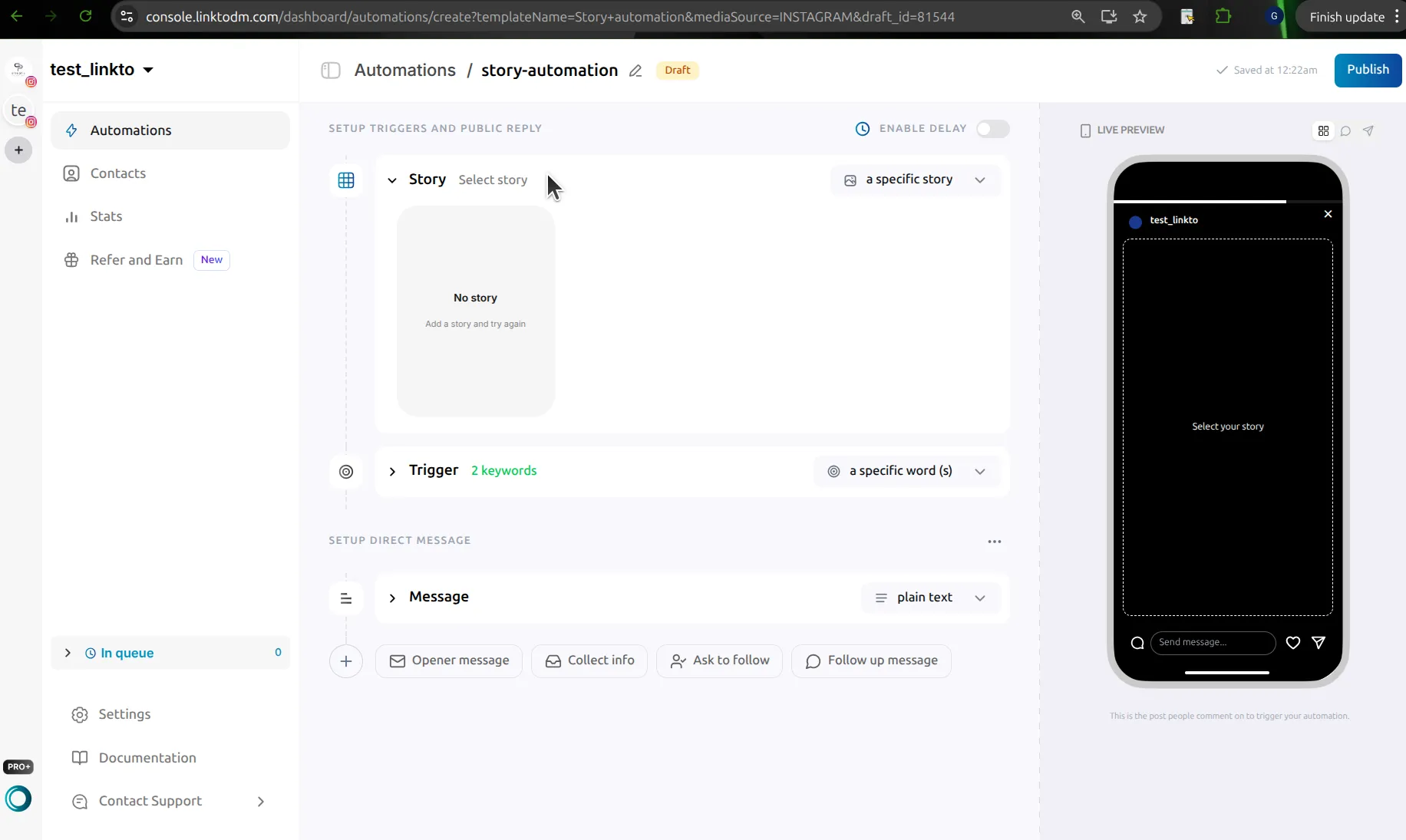 LinktoDM story automation editor with a Story card set to 'a specific story', a Trigger card with 2 keywords, a Message card, and a live preview of an Instagram story on the right