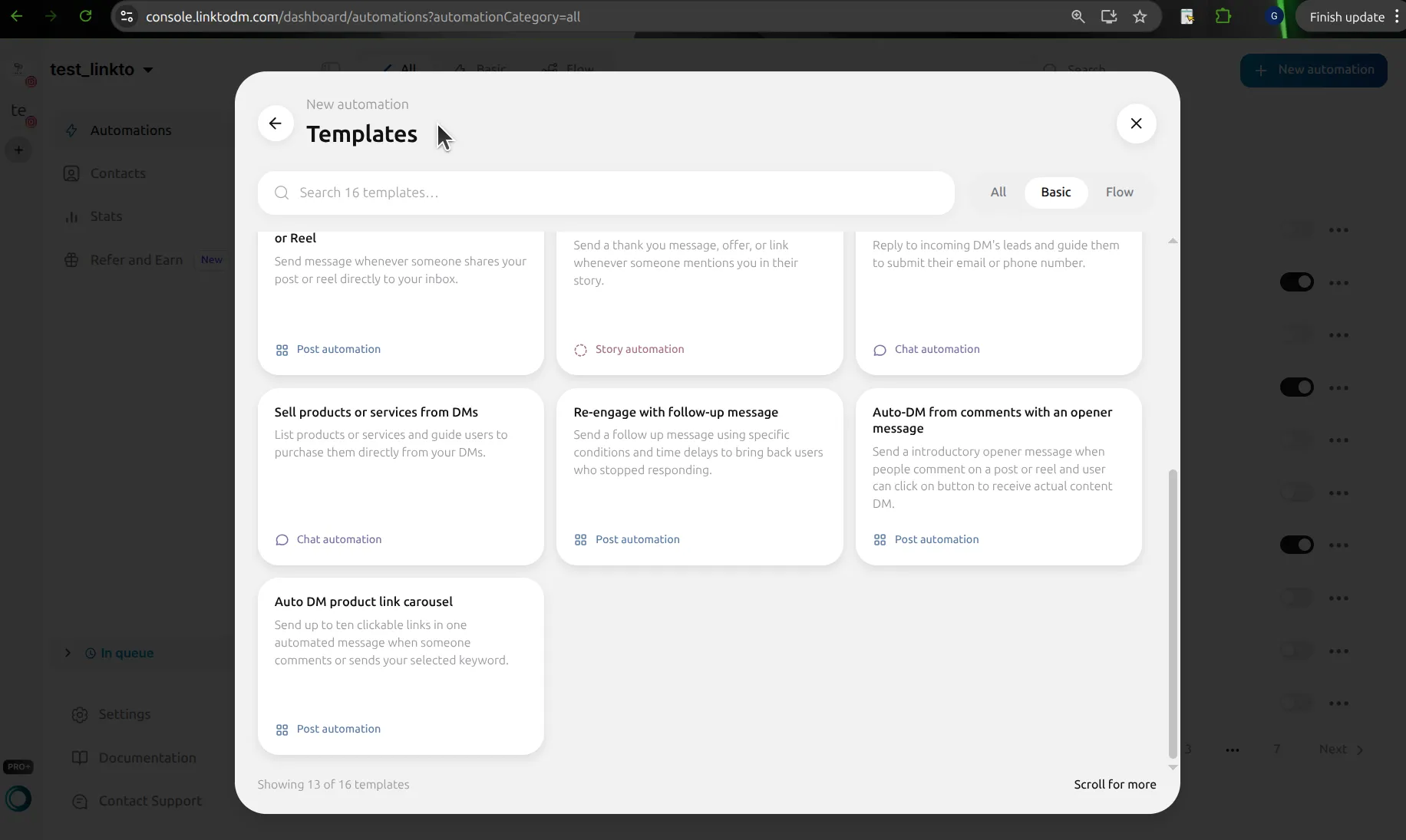 LinktoDM Templates dialog scrolled down showing Sell products or services from DMs, Re-engage with follow-up message, Auto-DM from comments with an opener message and Auto DM product link carousel