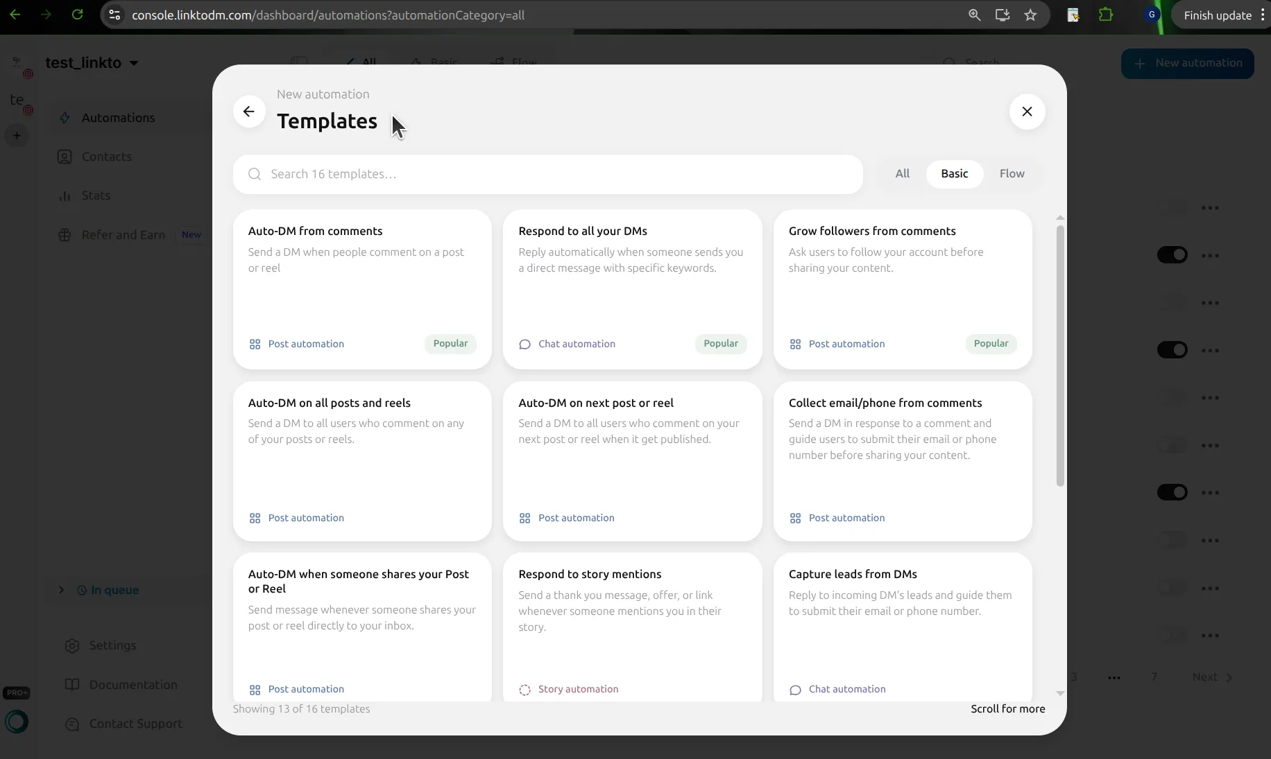 LinktoDM Templates dialog on the Basic tab showing Auto-DM from comments, Respond to all your DMs, Grow followers from comments and other template cards