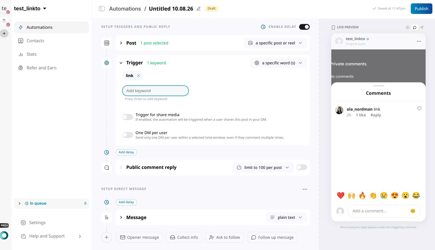LinktoDM Trigger card with the keyword 'link' added as a chip, an Add keyword field, and toggles for Trigger for share media and One DM per user