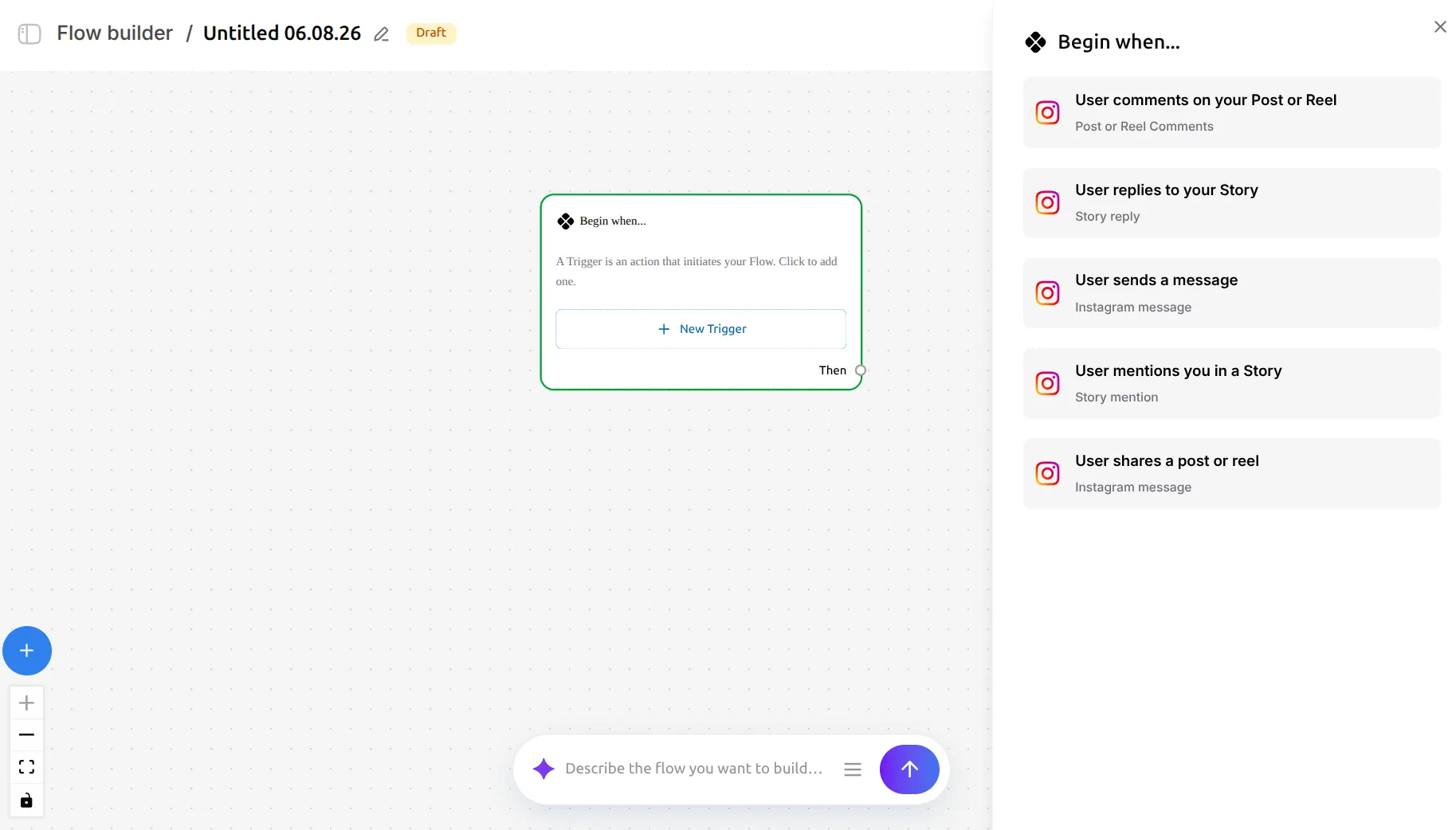 LinktoDM Flow builder with the Begin when panel open, listing the five available Instagram triggers