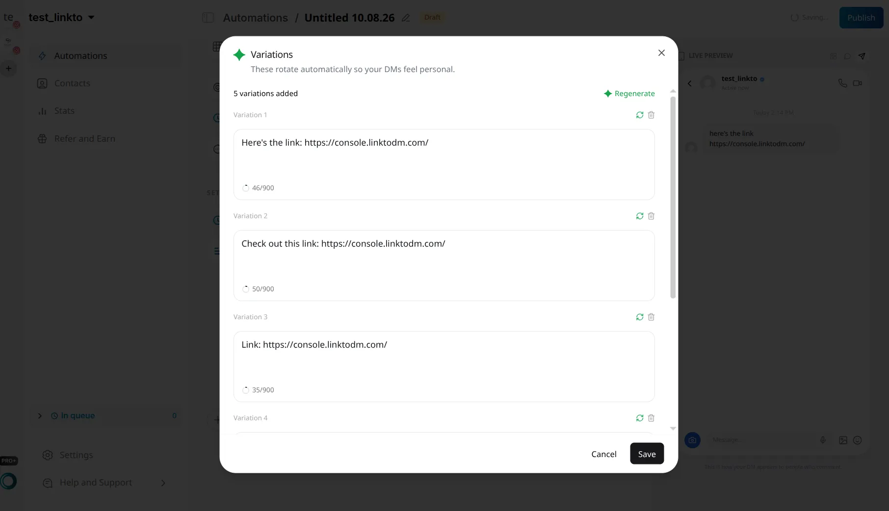 LinktoDM Variations dialog listing five generated wordings of the same message, each with regenerate and delete icons