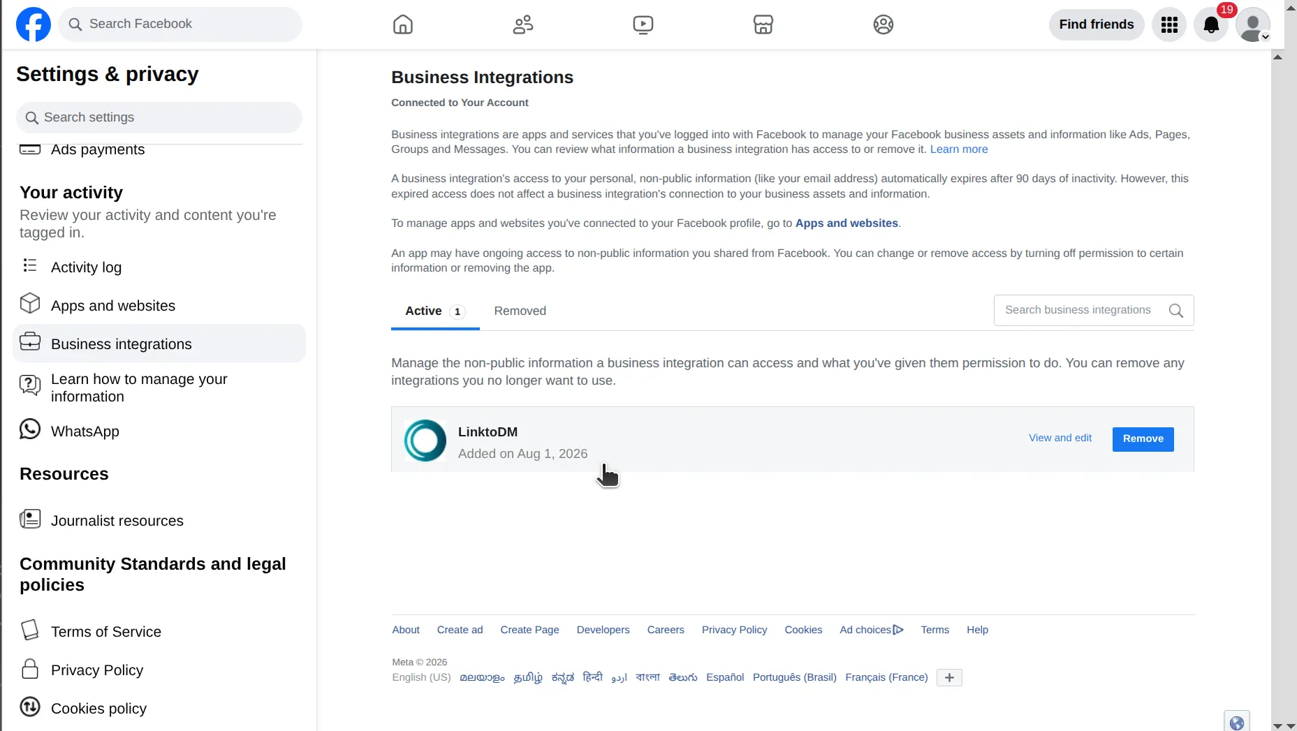 Facebook Business Integrations page with the Active tab showing a count of 1 and a single entry for LinktoDM