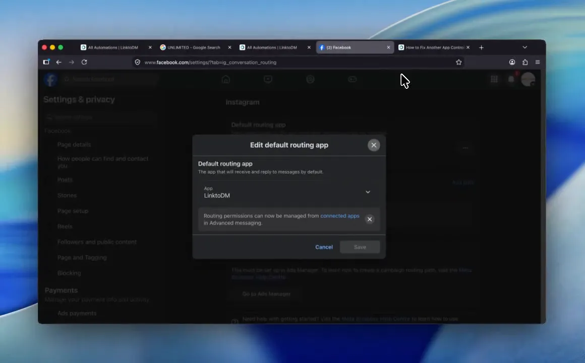 Facebook Edit default routing app dialog with LinktoDM selected in the App dropdown
