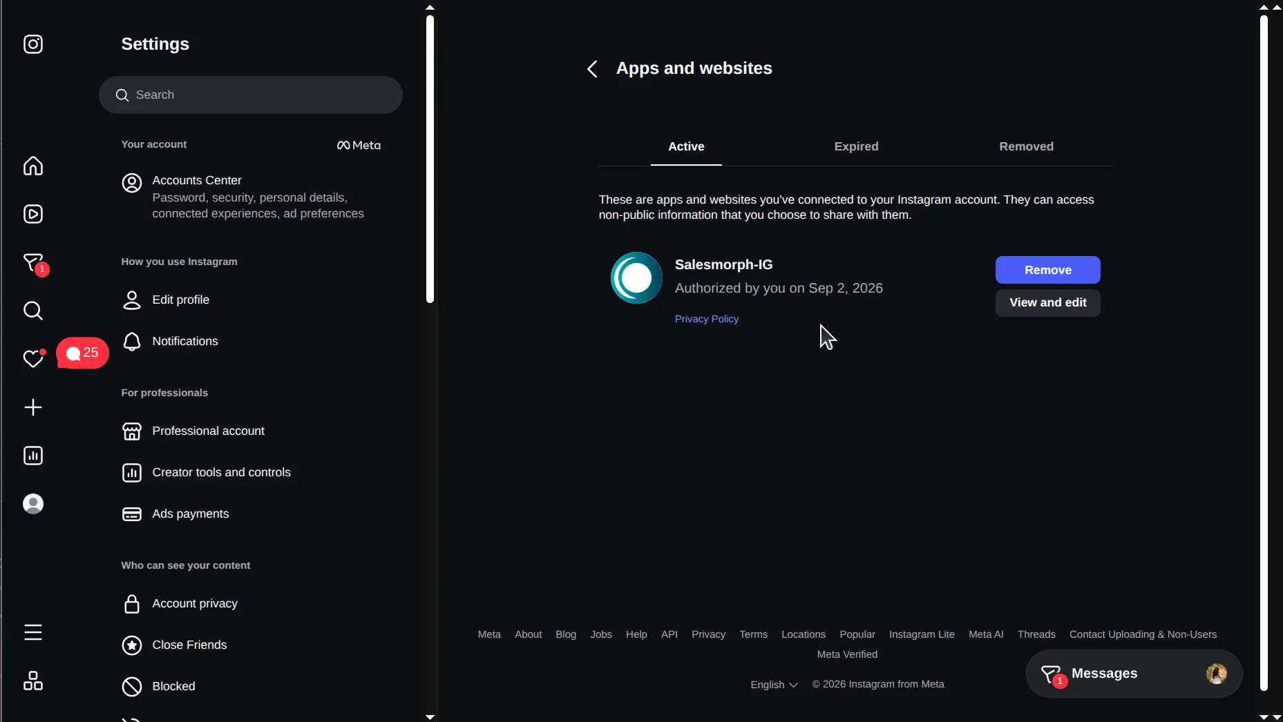 Instagram Apps and websites settings, Active tab, showing Salesmorph-IG as the only authorised app