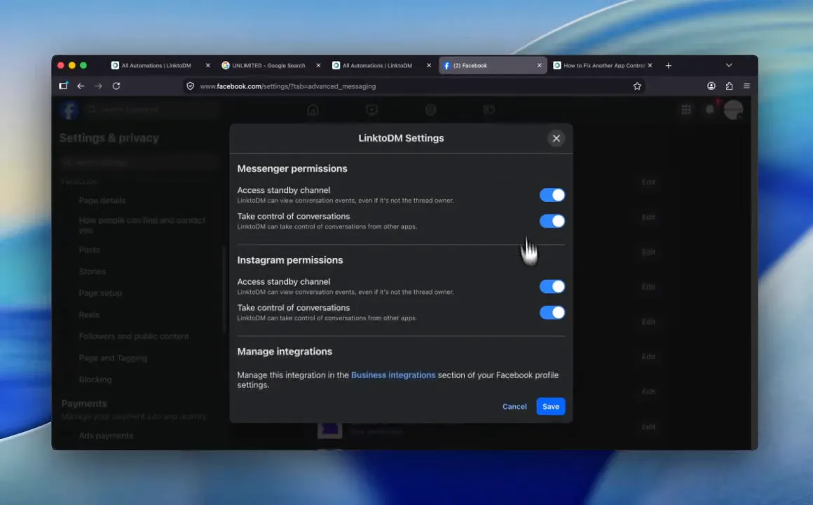 LinktoDM Settings dialog on a Facebook Page showing Access standby channel and Take control of conversations switched on under both Messenger permissions and Instagram permissions