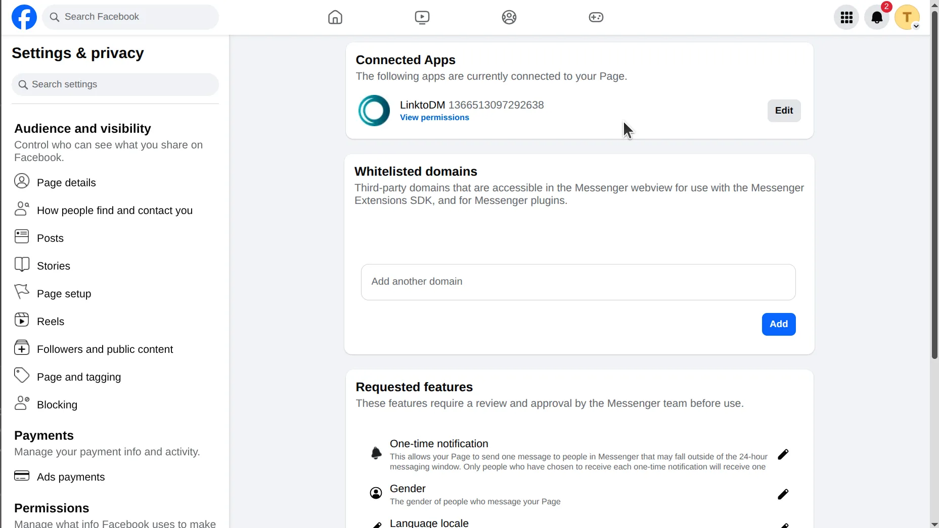 Facebook Page Advanced messaging settings with Connected Apps listing only LinktoDM and its App ID