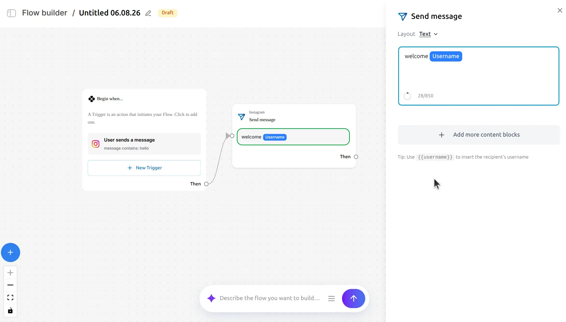 LinktoDM Flow builder canvas with a trigger node joined to a Send message node by a curved line from the Then handle