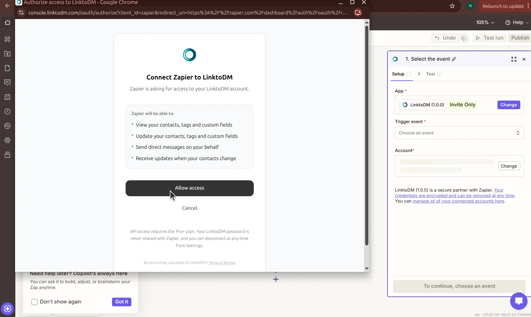 LinktoDM's OAuth consent screen listing the permissions Zapier is requesting, with an Allow access button