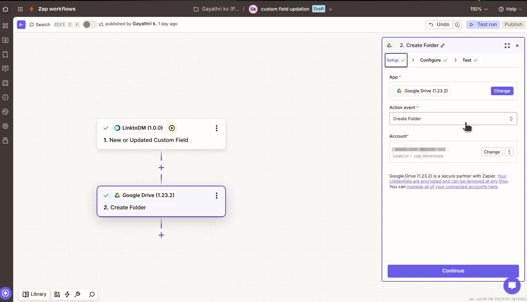 Zapier Setup panel for step 2 with App set to Google Drive, Action event set to Create Folder, and a connected Google account below