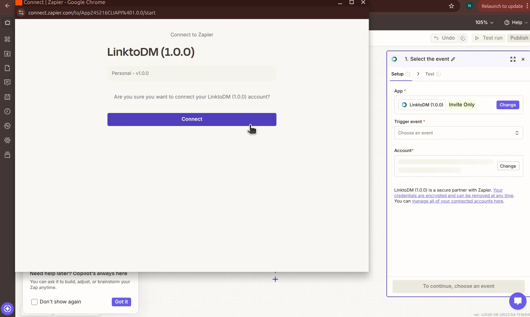 Zapier's Connect to Zapier confirmation dialog for LinktoDM, with a Connect button
