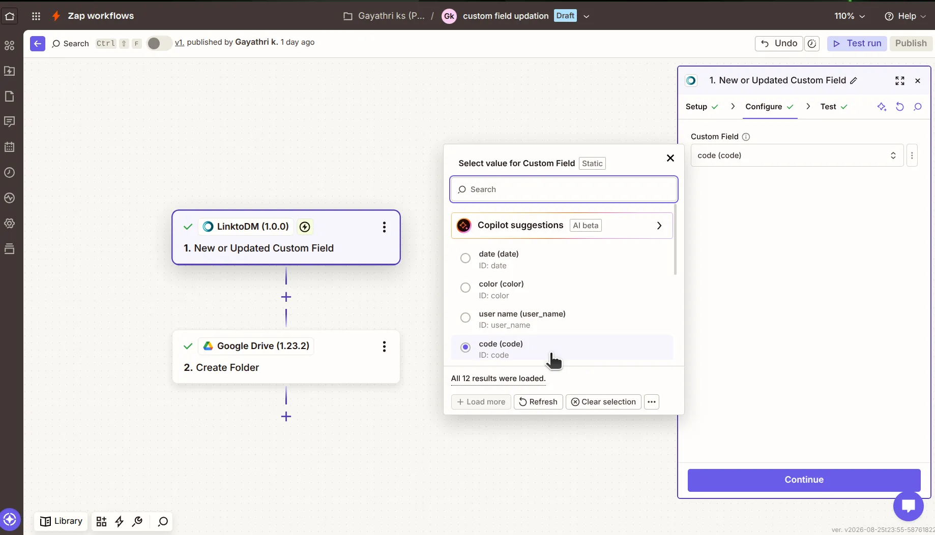 Zapier Select value for Custom Field dialog listing the LinktoDM fields date, color, user name and code, with code selected