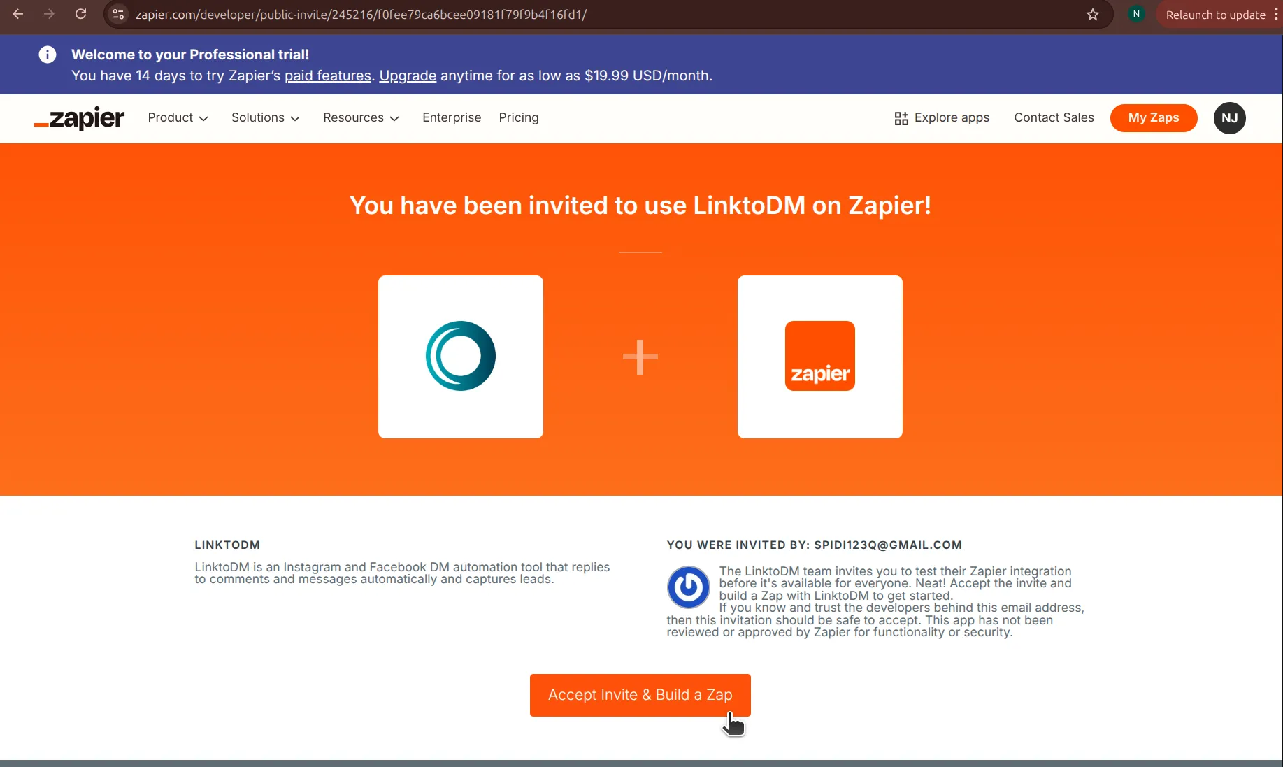 Zapier's invite page for LinktoDM, with the LinktoDM and Zapier logos and an Accept Invite & Build a Zap button