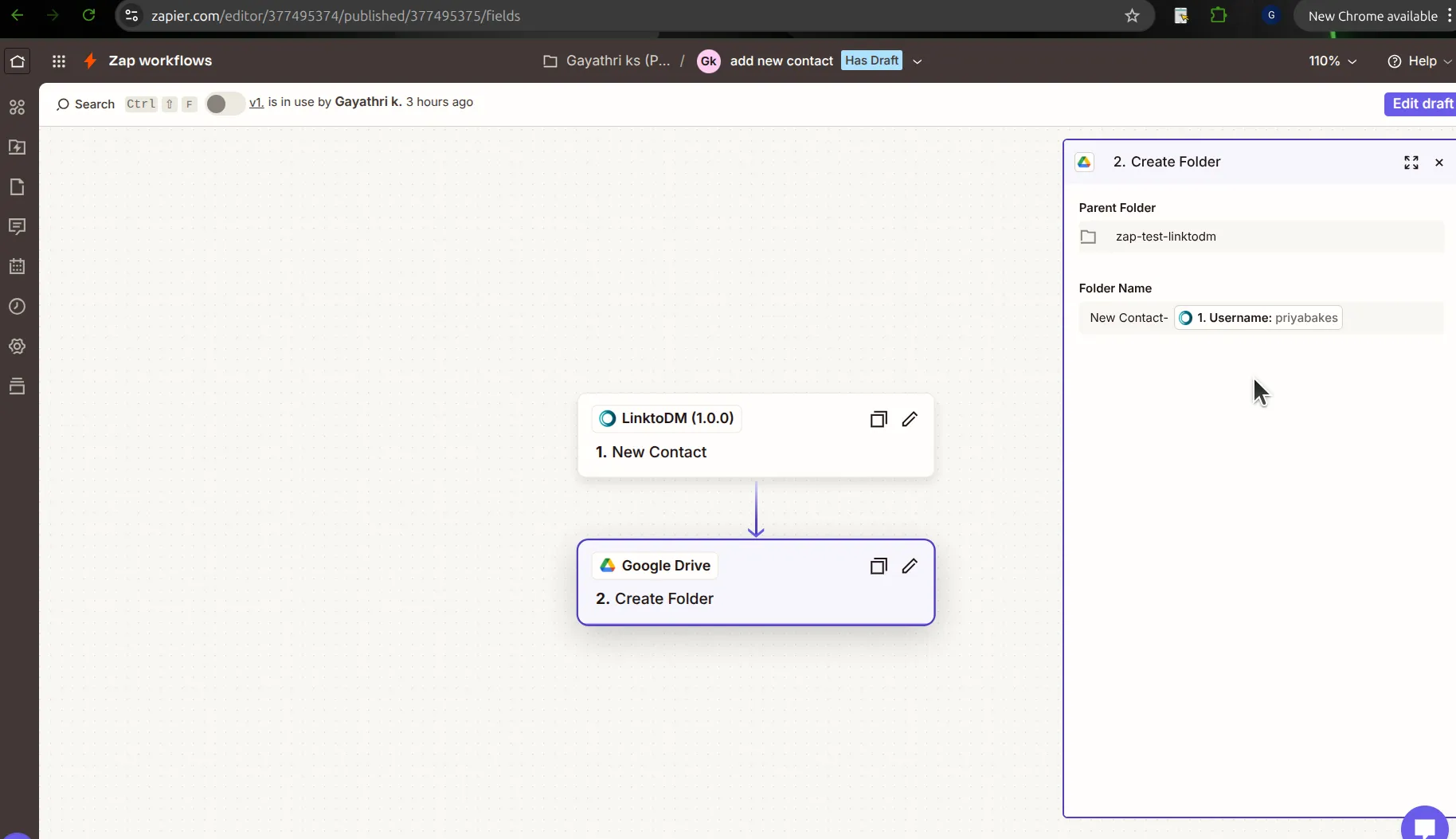 Published Zap with LinktoDM New Contact feeding Google Drive Create Folder, the Folder Name field reading New Contact- followed by the mapped Username value