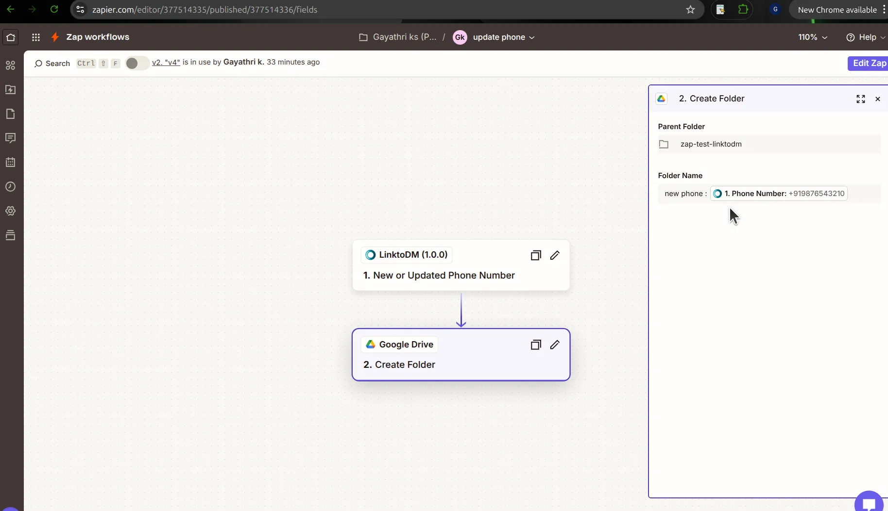 Published Zap with LinktoDM New or Updated Phone Number feeding Google Drive Create Folder, the Folder Name reading new phone followed by the mapped Phone Number value