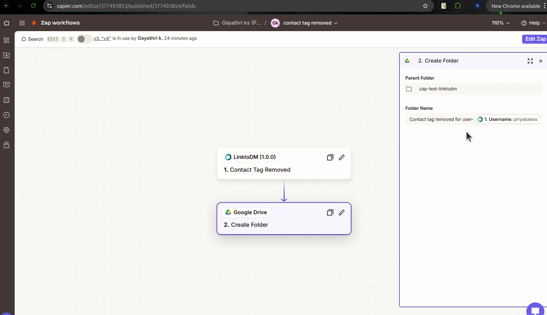 Published Zap with LinktoDM Contact Tag Removed feeding Google Drive Create Folder, the Folder Name reading Contact tag removed for user followed by the mapped Username value