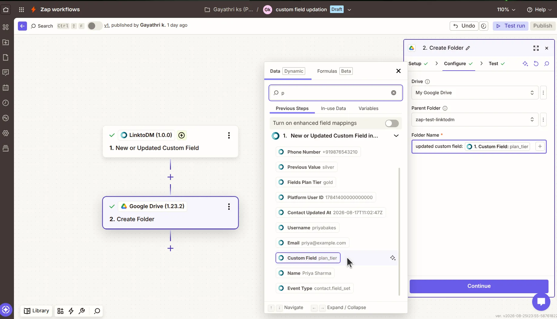 Zapier data picker listing fields from a LinktoDM trigger including Phone Number, Previous Value, Fields Plan Tier, Platform User ID, Contact Updated At, Username, Email, Custom Field, Name and Event Type
