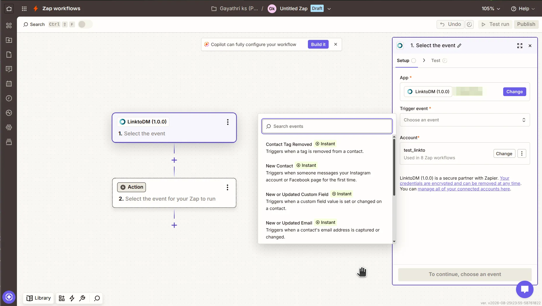 Zapier's trigger event list for LinktoDM, including New Contact and New or Updated Custom Field